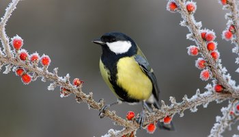 Das Foto zeigt eine Kohlmeise auf einem Ast mit roten Beeren sitzend im Winter.